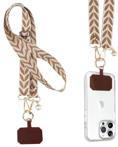 Knrlqim Cordon Telephone Portable Universelle Collier Réglable, Sangle Large en Tissu pour Femme,Lanières Large de Smartphone en Bandoulière avec Patch, Compatibles avec Plupart des Smartphones,Brun