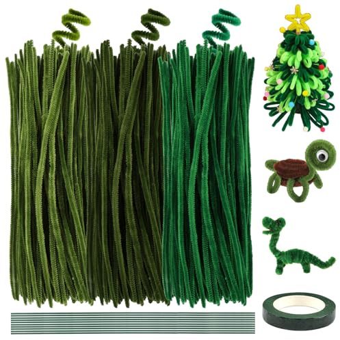 300 Stück Pfeifenreiniger, 3 Verschiedene Grün Pfeifenputzer, Chenilledraht Pfeiffendraht, 30cm x 6mm Biegeplüsch Basteldraht mit 10 Eisen-Draht und 1 Band für DIY Bastelprojekte