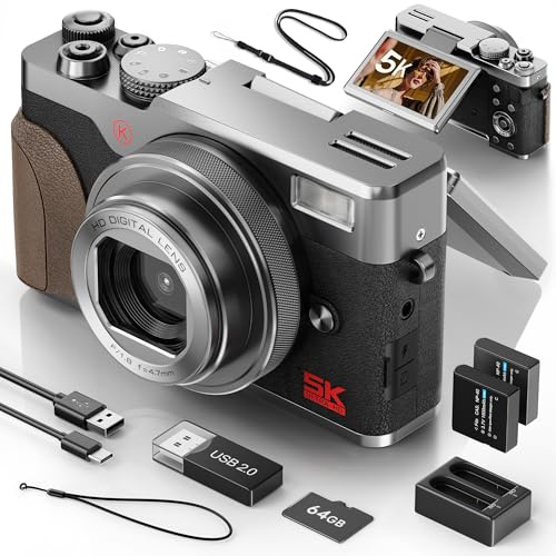 NBD 5K Digitalkamera 64MP mit Autofokus & 18X Zoom & Vlogging-Funktion, F1.8 Nachtsicht, 3 180° Drehdisplay inkl. 64GB Karte + 2 Akkus (Silber)