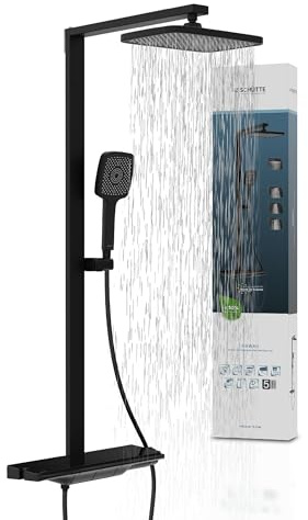Schütte HAWAII Duschsystem mit Thermostat und Glasablage, Duschset mit 30x20cm Kopfbrause, Regendusche mit Wandhalterung und Duschkopf, Duschpaneel Duschsäule, Schwarz