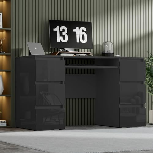 TRIOBLADE Computer Desk with 6 Drawers High Gloss Writing Table 120x50x70cm PC Workstation Study Makeup Dressing Table with Large Storage Working Vanity Desk for Home Office (Black)