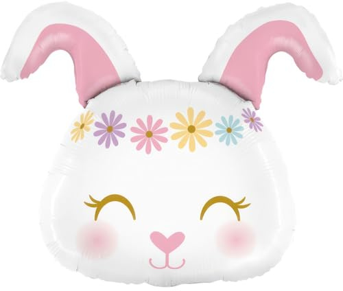 Hasen Folienballon 59x51 cm niedlicher Bunny Luftballon mit Blumenkranz und rosa Ohren wiederverwendbare Dekoration für Kindergeburtstag Ostern Babyshower Party geeignet für Helium und Luft