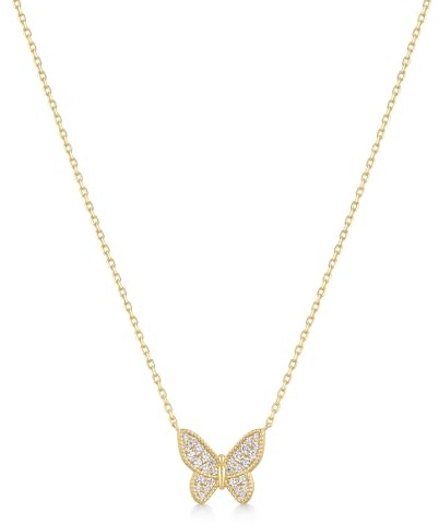 ANIA HAIE Damen Halskette RIPPLE JOY Butterfly Pavé aus 925 Sterling Silber 14k vergoldet, Schmetterling-Anhänger mit 24 Zirkonia, Länge: 40,5 cm + 5 cm Verlängerung, inkl. Geschenkverpackung
