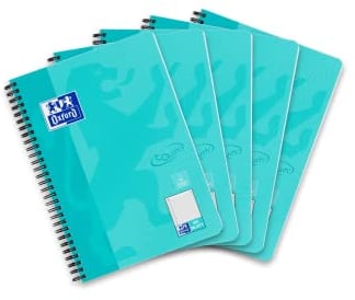 Oxford Touch Collegeblock B5 (17,6x25 cm) kariert mit Rand, 160 Seiten, aqua, 5 Stück