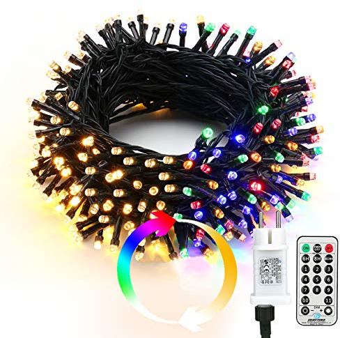 BrizLabs Weihnachten Lichterkette Außen, 25M 200 LED Warmweiß und Bunt Dimmbar 11 Modi 3 Timer Wasserdicht Strom Beleuchtung mit Fernbedienung für Weihnachtsbaum Innen Hochzeit Party Haus Garten Deko
