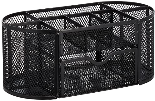 Amazon Basics Mesh Desk Organizer with Pen Holder, Pullout Drawer and Office Caddy Storage, 9.25 x 4.53 x 3.94, Black