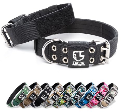 TSPRO Taktisches Hundehalsband, Verstellbares Halsband Hund mit Metallschnalle und Flicken, Haltbar und Dick, für Mittelgroße bis Große Hunde (Schwarz M+)