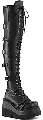 Stringati Stivali Donna retrò Gotico Punk Pelle con Plateau con Zeppa Stivale Cosciativali Alti sopra Il Ginocchio con Fibbia Biker Lungo Stivali,Nero,37 EU