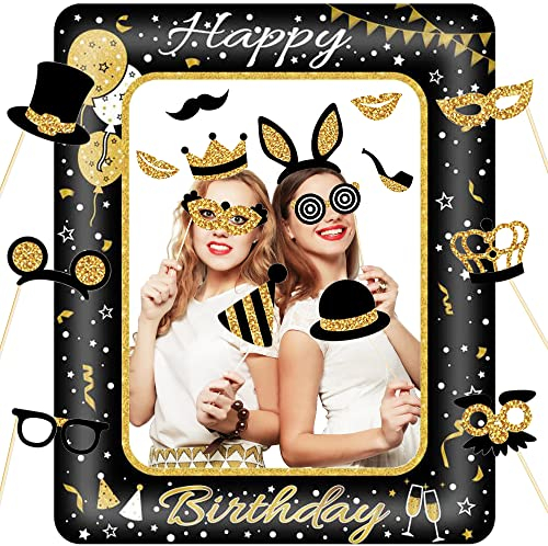 Geburtstag Aufblasbarer Bilderrahmen mit 16 PCS Foto Requisiten, Happy Birthday Photo Booth, Schwarz Gold Fotobox Accessoires, Party Selfie Rahmen für Geburtstagsdeko