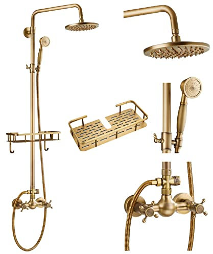 gotonovo Antique Brass Exposed Bathroom Shower Faucet 8 inch Rainfall Shower Head Wall Mounted with Shower Shelf Double Cross Handles Adjustable Handheld Sprayer Shower Shower System Dual Functions