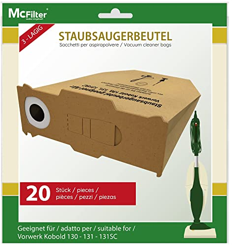 McFilter | 20 bolsas de aspiración adecuadas para los modelos Vorwerk Kobold 130, 131 y SC, disco de cubierta extrafuerte con junta de goma y pestaña resistente