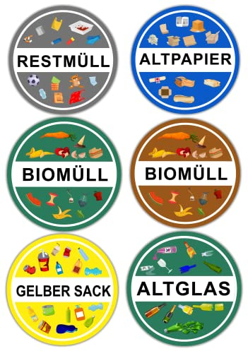 Aufkleber Mülltonne XL für Mülltrennung Abfalltrennsystem Mülleimer – Biomüll Restmüll Gelber Sack Altglas Altpapier – Wasser & Wetterfest UV-Schutz Beständig – Vorgestanzt – V1 (6er Set/ 14 cm/ Rund)