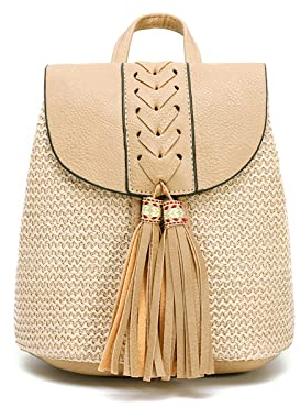 NICOLE & DORIS Sac a Dos de Paille Femmes Sac à Dos de Plage Daypacks Sac à Dos à Bandoulière Sac Seau Sac Porté Dos Loisir Sac de Voyage pour l'été Sac à Dos avec Glands Kaki