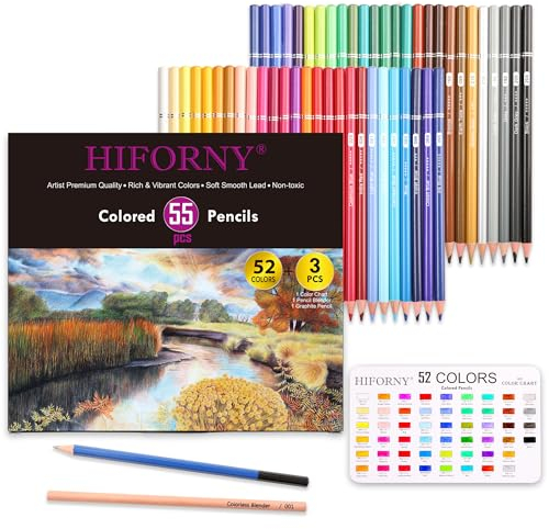 HIFORNY Juego de 55 lápices de colores para colorear para adultos, 52 lápices de colores con extras, núcleo suave para artistas, lápices de dibujo