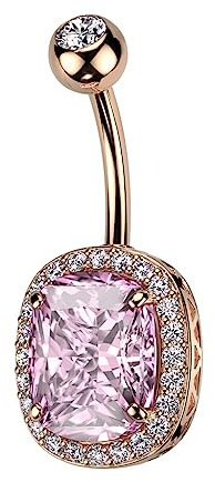 Tata Gisèle Piercing Nombril en Acier Chirurgical et Zirconiums - Tige Banane avec Gros Zircon Central - (Or Rosé/Clair/Rose)