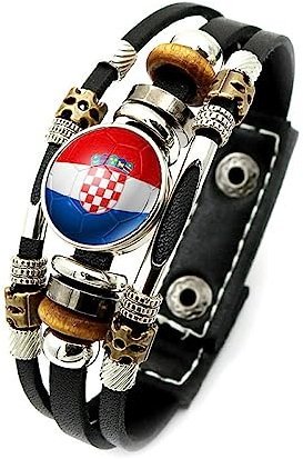 FWSHANGMAO Armband Damen,Nationalflaggenmuster Zeitstein-Armband Kroatien-Flagge Heimatkarte Armband Fußballliebhaber Lederarmband Patriot-Charm-Schmuck Für Reisen Geschenke