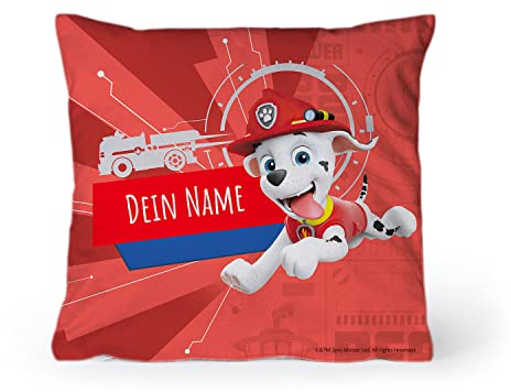 PICANOVA PAW Patrol Kissen Marshall 30x30 cm – personalisiertes Kopfkissen mit Namen und Füllung – individuell bedruckter Text Kinder und Fans