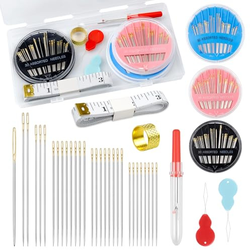 FIVEIZERO Premium Hand Sewing Needles Set,90-Count Assorted Embroidery Needles with threaders,Thread Removal Knife, Thimble,Soft Tape Measure for Hand Sewing Repair