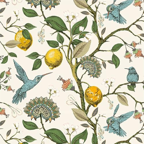 NEOFEN Zitronen- und Vogel-Tapete, Tapete Zum Abziehen und Aufkleben, Florales Kontaktpapier, 45 cm X 300 cm, Selbstklebende, Abnehmbare Blumen-Tapete für Die Küche