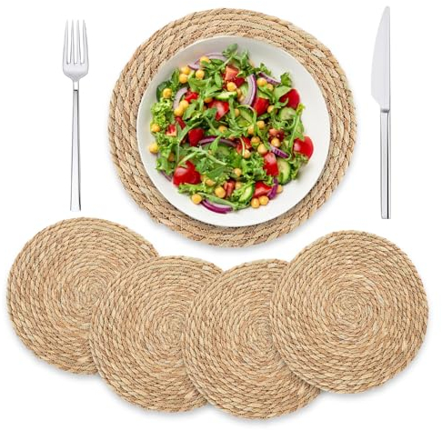 FWEEK 4er Set Geflochtene Runde Tischsets, 30cm Platzset Rund, Abwischbar Geflochten Platzsets für für Küche und Dekoration