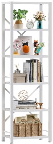 Furologee Weißes hohes Bücherregal, schmales Bücherregal mit 6 Regalböden, modernes freistehendes Regal, Metall und Holz, Ausstellungsaufbewahrung, Eckregal, Organizer für Wohnzimmer, Heimbüro, Flur,