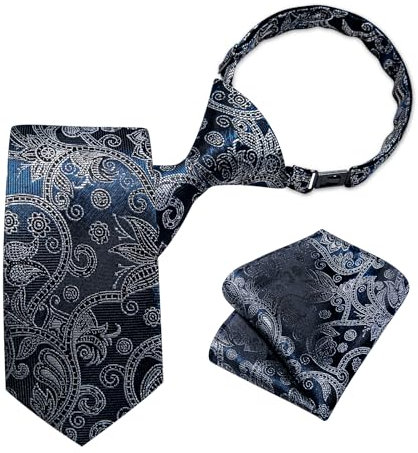 DiBanGu Verstellbare Krawatte und Einstecktuch für Jungen, vorgebunden, mit Reißverschluss, für Kinder, Hochzeit, Party, Abschluss, Schuluniformen, Marineblau und Silber, Einheitsgröße