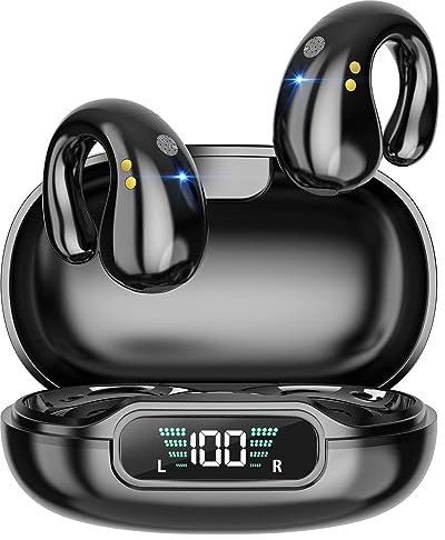 Cuffie Bluetooth, Clip Ear Wireless Auricolari Bluetooth 5.3 Stereo Hi-Fi Suono con 4 HD Mics, 36 Ore Custodia di Ricarica di Riproduzione e LED Display, IP7 Impermeabili Sportivi Earbuds, Nero