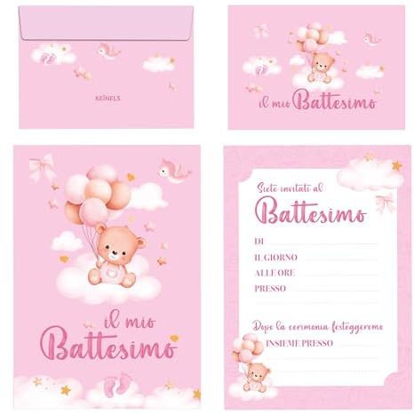 KEÏNELS 20 Stück Taufeinladungen für Mädchen mit Original-Umschlägen „Meine Taufe“ in Rosa, Teddybär, 20 Karten und 20 Umschläge, Taufeinladungen für Mädchen, Teilnahme-Einladungsset-Set für eine ori