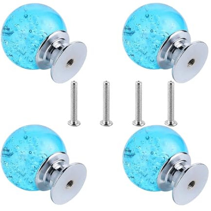 yufana 4 Pièces Poignée en Cristal à Bulles, Poignée de Tiroir, Boutons de Tiroir en Verre Cristal Clair, Poignée en Boule de Verre en Alliage de Zinc, Poignée de Meuble à un Trou (Lac Bleu)