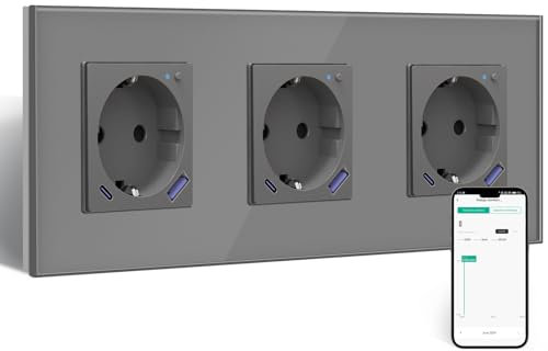 BSEED Wlan Schuko Steckdose mit USB C 20W Schnellladegerät,Smart Steckdose Unterputz mit Strommessung,Arbeit mit Alexa/Google Home,Stromzähler für Mehrfachsteckdose mit Smart Life App,3 Fach Grau