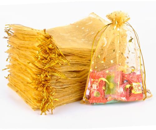CLTPY 100 Stück Organzasäckchen 13x18cm Golden Organzabeutel mit Stern und Mond Geschenksäckchen, Organza Säckchen zum Befüllen, Kordelzug Schmuckbeutel, Weihnachtstüte Hochzeiten Parteien
