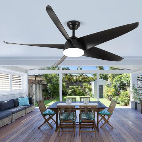 Ceiling Fan with Light and Remote, 60Inch Modern Black Ceiling Fans with Lights and Reversible Quiet DC Motor, Indoor Outdoor Ceiling Fan for Bedroom Living Room Patios