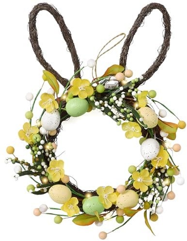 Valery Madelyn 40.6cm Osterkranz mit Eiern, Künstliche Türkranz, Osterei Kranz mit LED Licht, Hasenförmiger Wandkranz Frühlingskranz für Osterdeko, Frühlingsdeko
