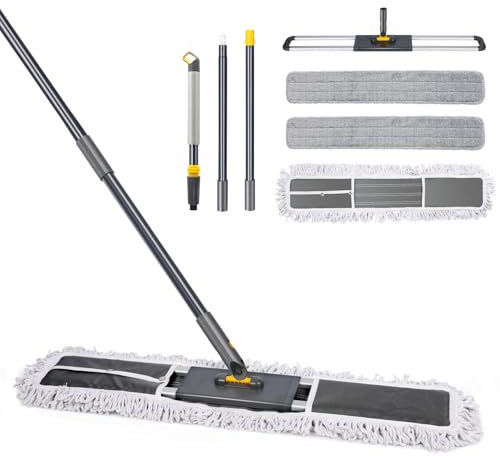 Myiosus Balai Serpillere Professionnel, 90cm Grande Balai Serpillère en Microfibre avec Manche Réglable en INOX, Balais à Plat avec 3 Tampons, Serpillere pour Nettoyage de Bureau, Garage, Entrepôt