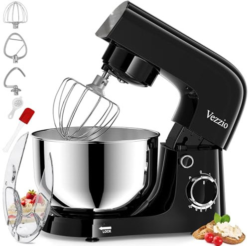 Vezzio Batidora Amasadora,1500W|4.5 L Amasadora de Pan Para Repostería,Bol de Acero inoxidable de Amasador,Batidor,Varillas y Protección Para Salpicaduras 10 Velocidades Repostería Profesional