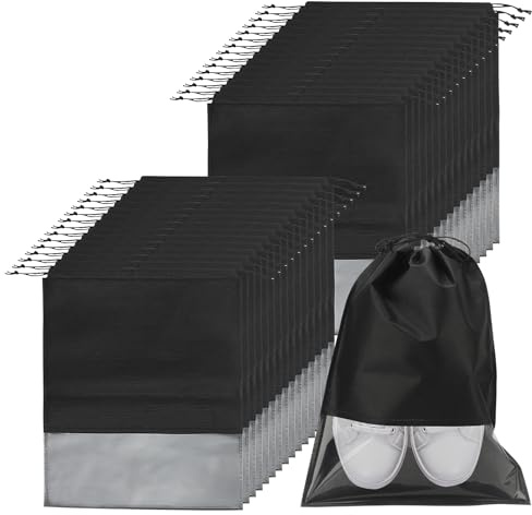 HEIYUET 30 Stück Reise Schuhbeutel mit Kordelzug, 44 x 32 cm große Schuhbeutel mit Sichtfenster, Schuh Aufbewahrungstasche, Schwarz Stoff Schuhtasche für Reisen Zuhause