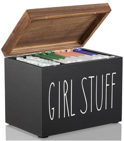 Jomeis Girl Stuff Aufbewahrungsbox | Badezimmer-Organizer für weibliche Hygieneprodukte | Holz mit Klappdeckel | Diskrete & stilvolle Aufbewahrung für Pads, Tampons, Einlagen – Schwarz & Naturholz