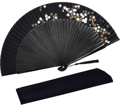 STHUAHE Hand Held Fan for Women Foldable, Chinese Japanese Vintage Bamboo Silk Folding Fans for Dance Music Festival Wedding Church Decoration (Black Gold-Cherry Blossoms)