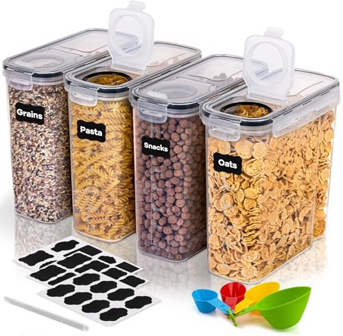 BUOAZR 4L Botes Cocina Almacenaje 4 Piezas, Sin BPA, Recipientes para Alimentos de Plástico de Alimentos Sellados con Tapa, Contenedores Herméticos para Almacenar Cereales, Pasta, Arroz, Harina