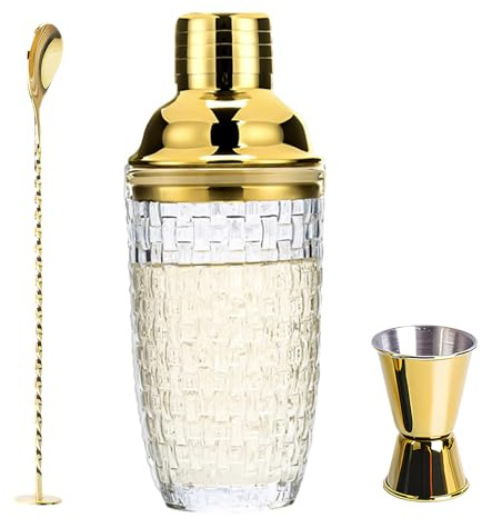 Coctelera de cristal de 400 ml, patrón de punto dorado, juego de coctelera, mezclador de cristal con vaso medidor de acero inoxidable y pala, coctelera para casa, bar, vino, zumos de frutas mixtos