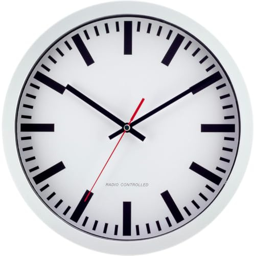 Eurotime Bahnhofsuhr Wanduhr Weiß 30 cm - Funkwanduhr mit Echtglas