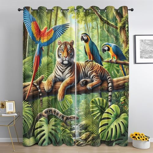Generisch Dschungel Wildtier Tigerpapagei Gardinen Tropische Palmblätter Vorhang Blickdicht für Schlafzimmer Kurzgardinen mit ösen Küchen Fensterdekoration Vorhänge 2er Set H 137 x B 117 cm