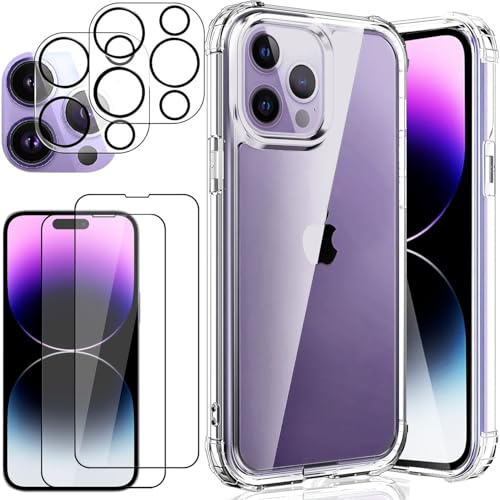 DYNASCO 5 in 1 2-Pack Screen Protector for iPhone 14 Pro 6.1-Inch, with 2 Camera Lens Protector + Clear Case, Anti-Scratch HD Tempered Glass Film, Shockproof Transparent Slim Phone Cover