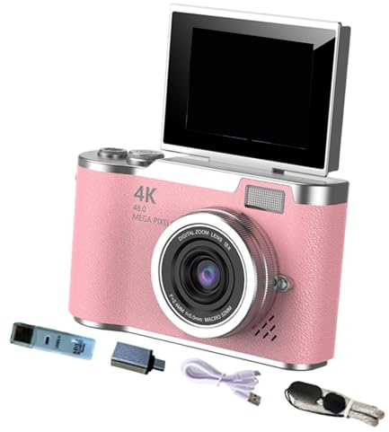MotiveTech Fotocamera Digitale 4K, Schermo Girevole °, Schermo da 2,4 Pollici, Digitale Compatto 8X, 720P/1080P, CCD, Regalo di Nozze per Studenti, Rosa