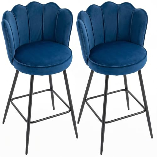 HOMCOM Bar Stools Set of 2 Velvet with Petal Backrest Footrest, Bar Chairs | Barstools, Modern Upholstered Breakfast Bar Chairs, Metal Legs, for Kitchen Island Counter, Dining Room