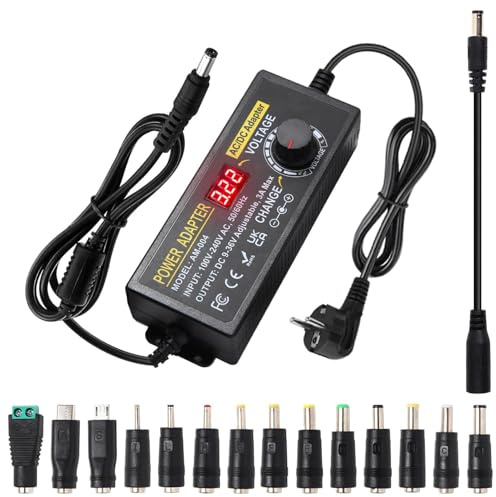 9V-36V 3A 108W Einstellbares Netzadapter, Universal Verstellbarer Netzteil Adapter,100V-240V AC to DC 3A Netzteil mit 14 Tipps & Polaritätskabel für Haushaltselektronik, LED-Streifen