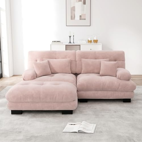 Rvjiahe Cloud - Divano angolare per soggiorno, in ciniglia, con 2 cuscini lombari e 2 cuscini decorativi, divano imbottito con braccioli larghi e pouf (rosa+2 posti)