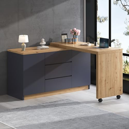 A ALFRESCOOL Faltbarer Schreibtisch, Schreibtisch mit Schubladen, Eckschreibtisch, Sideboard, mit Feststellbaren Rollen, Drehbare Tischplatte, Fest Arretierbar, 120×50×76.5cm (Grau+Eiche)
