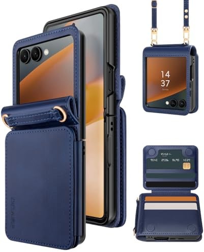 OCASE Hüllel für Samsung Galaxy Z Flip7 mit Band Leder Blau | 4 Kartenfächer Stoßfeste, Klappbar Flip 7 Handyhülle Schutzhülle Handykette Tasche Umhängen Neueste
