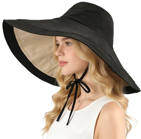 AYPOW Femme Réversible Coton Chapeau de Soleil avec Large Bord, Anti UV Double Face été Chapeau de Pêcheur, Pliable Réglable Moda Chapeaux de Seau pour Randonnée Voyage Jardin Plage